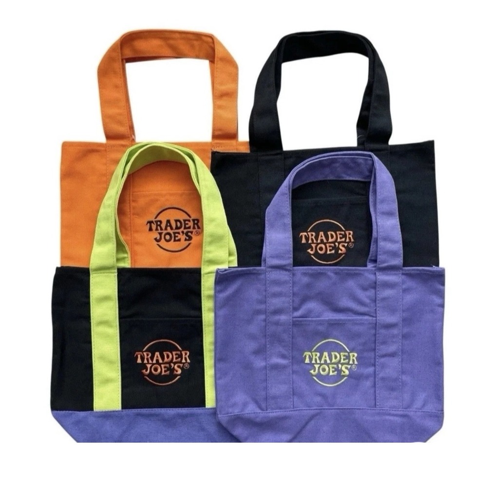 Trader Joe's Mini Canvas Tote Bags 4 Pack Orange Black Purple Multi Logo New